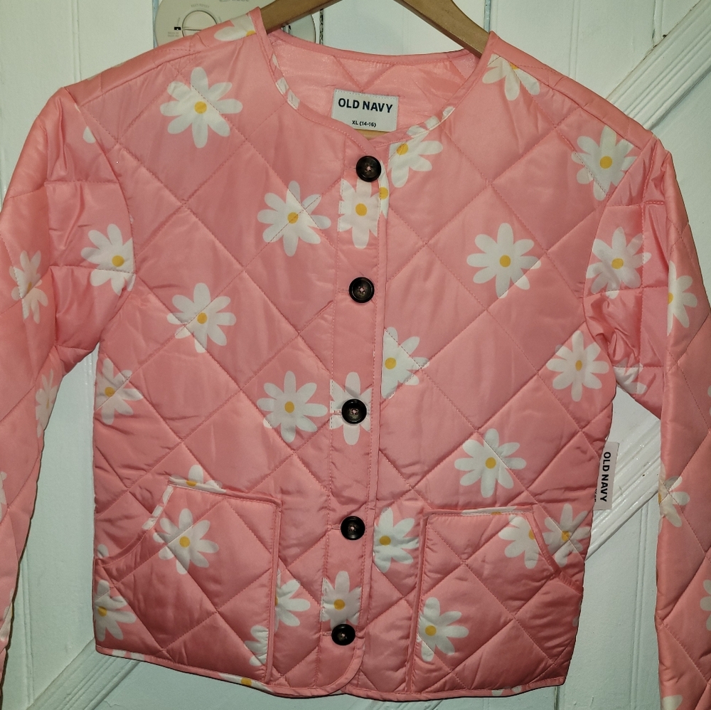 OLD NAVY Collarless Quilted Daisy Printed Button-Front Jacket for Girls sz XL